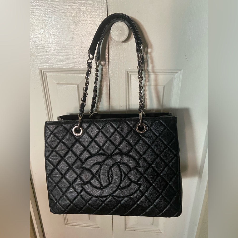 Quilted Black Leather Tote with Chain Handles